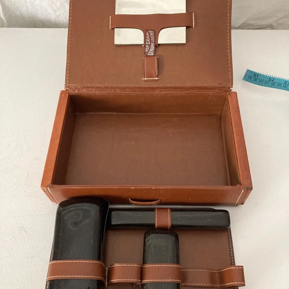 Leather Toiletry Kit Top Grain Leather W/ Faux Tortoise Boxes and Containers